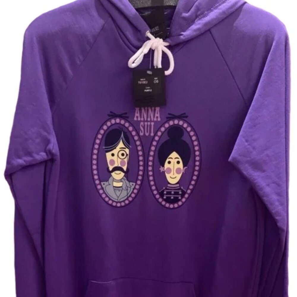 ANNA SUI Purple Victorian Cotton Front Pocket Hoodie Top Sweatshirt S XS NWT